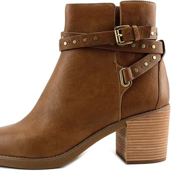 Sz 7 Michael Kors Fawn Booties Brass Stud Double Strap Brown - Picture 3 of 16